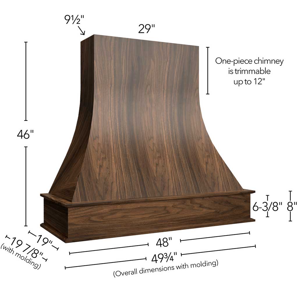 RHCA48 NOGAL (Pared | Campana curva Artisan - 48" de ancho x 46" de alto x 19-7/8" de profundidad) | Nogal