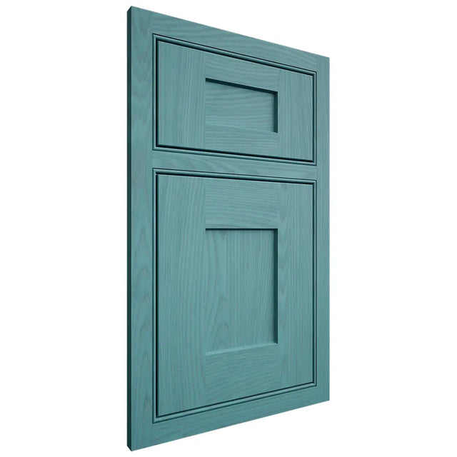 Shiloh Cabinetry Beaded Inset Lancaster Red Oak Plain Cut Aqua Door