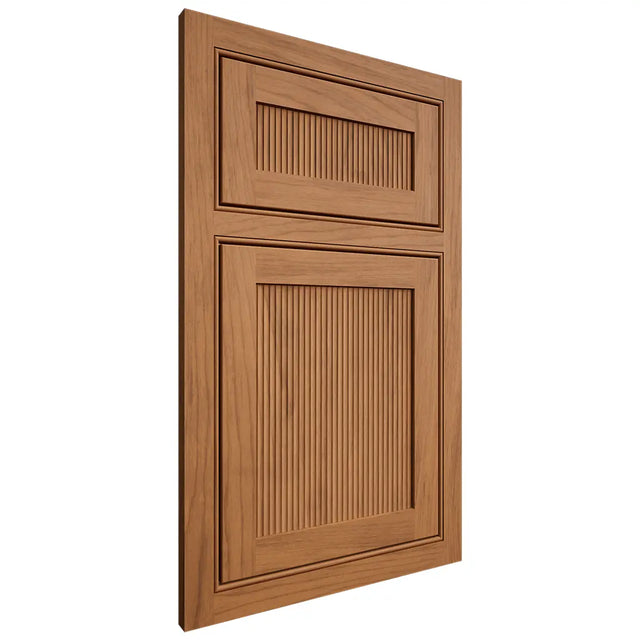 Shiloh Cabinetry Beaded Inset Reeded Malibu Alder Plain Cut Caramel Door