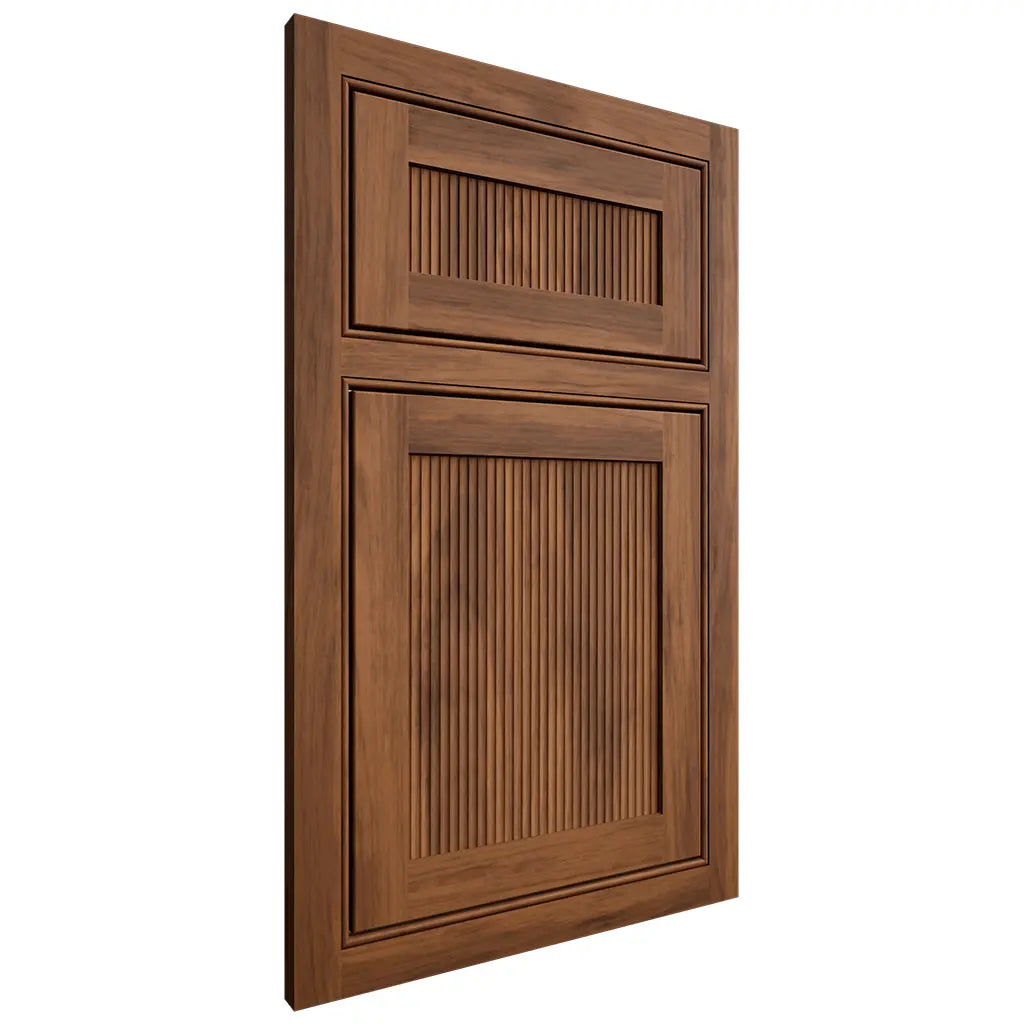 Shiloh Cabinetry Beaded Inset Reeded Malibu Hickory Plain Cut Burnt Sugar Door