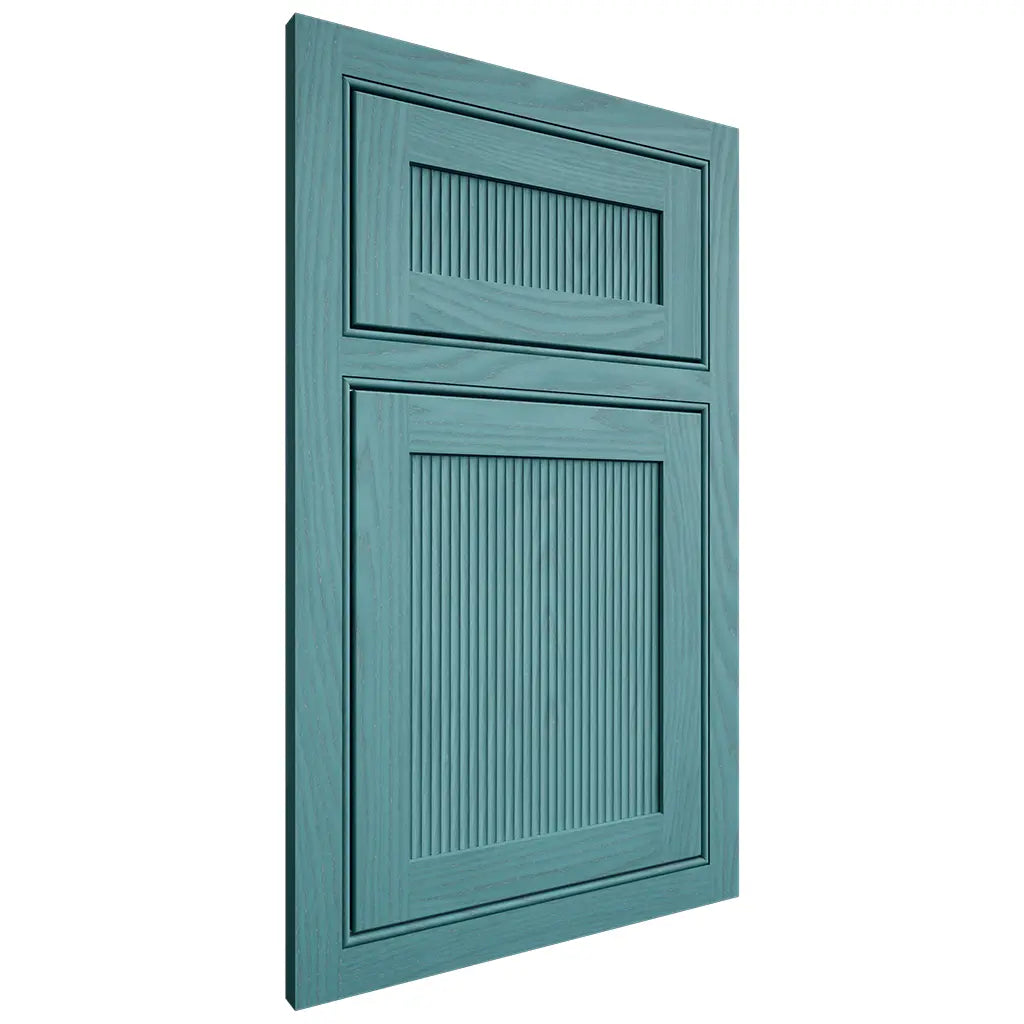 Shiloh Cabinetry Beaded Inset Reeded Malibu Red Oak Plain Cut Aqua Door