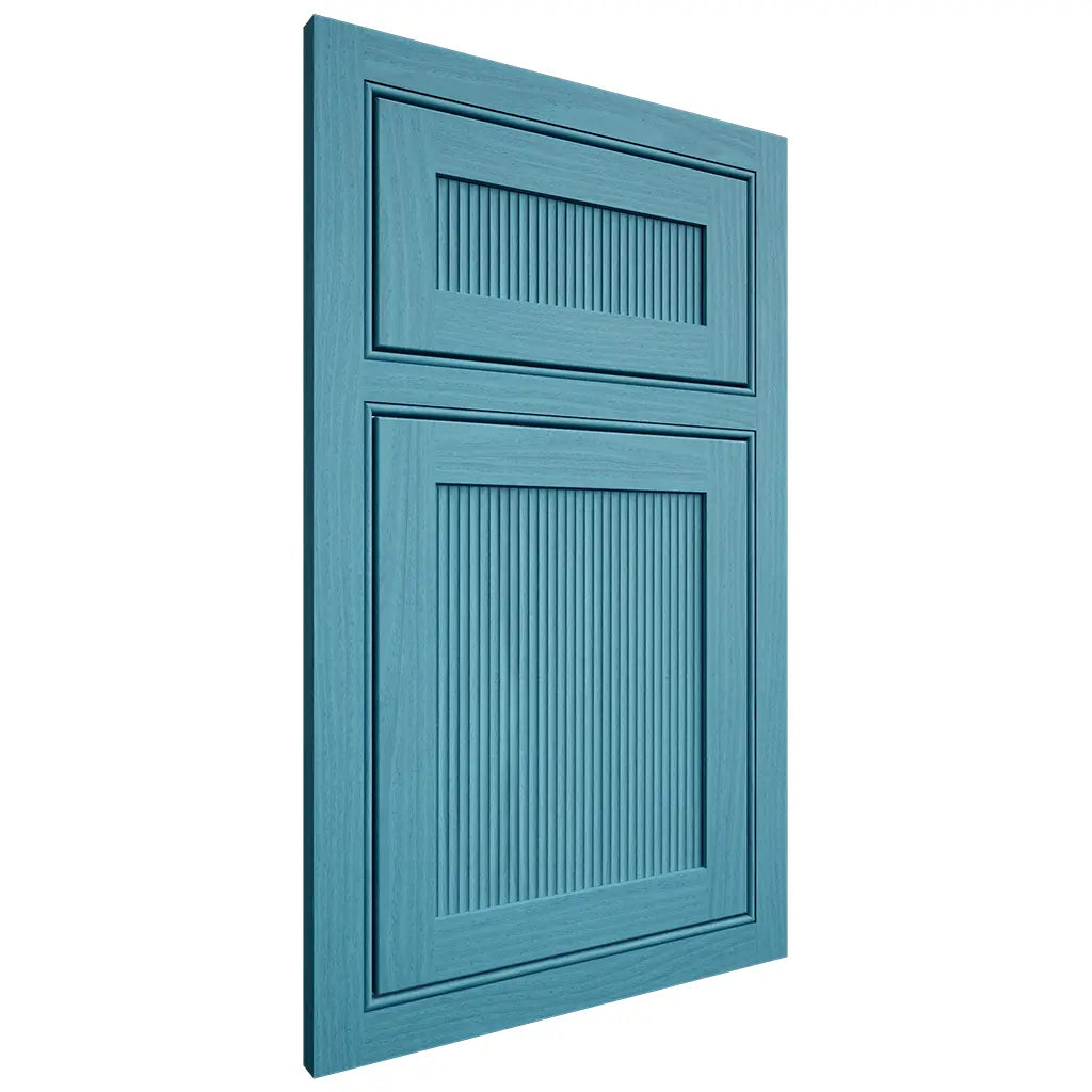 Shiloh Cabinetry Beaded Inset Reeded Malibu White Oak Plain Cut Aqua Door