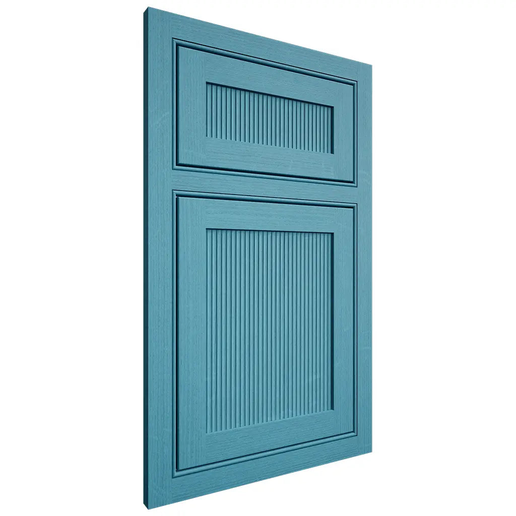 Shiloh Cabinetry Beaded Inset Reeded Malibu White Oak Quarter Sawn Aqua Door