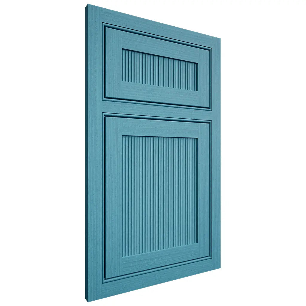 Shiloh Cabinetry Beaded Inset Reeded Malibu White Oak Rift Cut Aqua Door