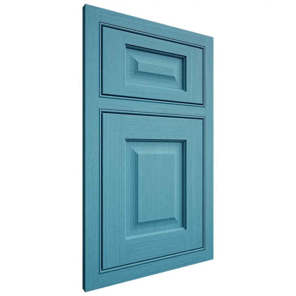 Shiloh Cabinetry Beaded Inset Square Raised White Oak Rift Cut Aqua Door