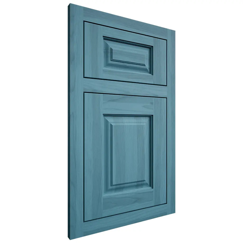 Shiloh Cabinetry Flush Inset Oxford Hickory Plain Cut Aqua Door