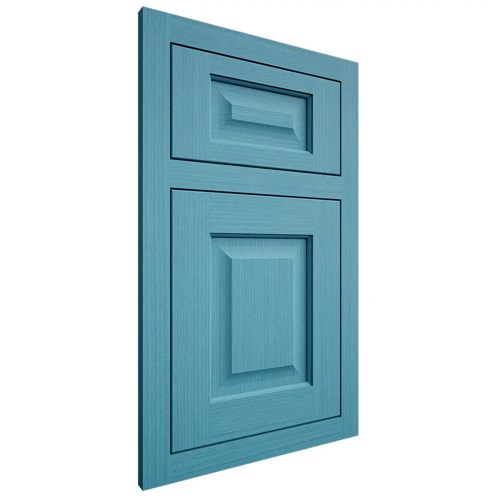Shiloh Cabinetry Flush Inset Square Raised White Oak Rift Cut Aqua Door