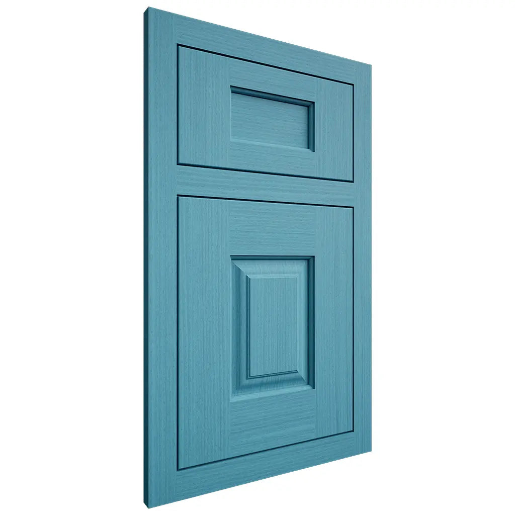 Shiloh Cabinetry Flush Inset Summit White Oak Rift Cut Aqua Door