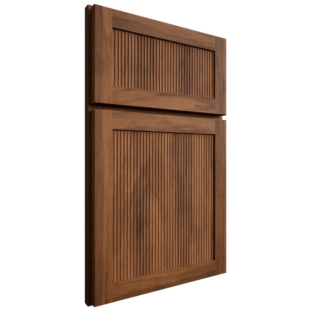 Shiloh Cabinetry Full Overlay Reeded Malibu Hickory Plain Cut Burnt Sugar Door