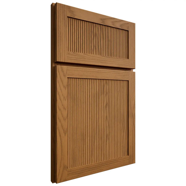 Shiloh Cabinetry Full Overlay Reeded Malibu Red Oak Plain Cut Autumn Door