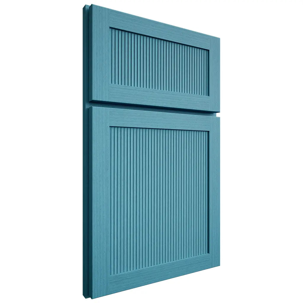 Shiloh Cabinetry Full Overlay Reeded Malibu White Oak Rift Cut Aqua Door