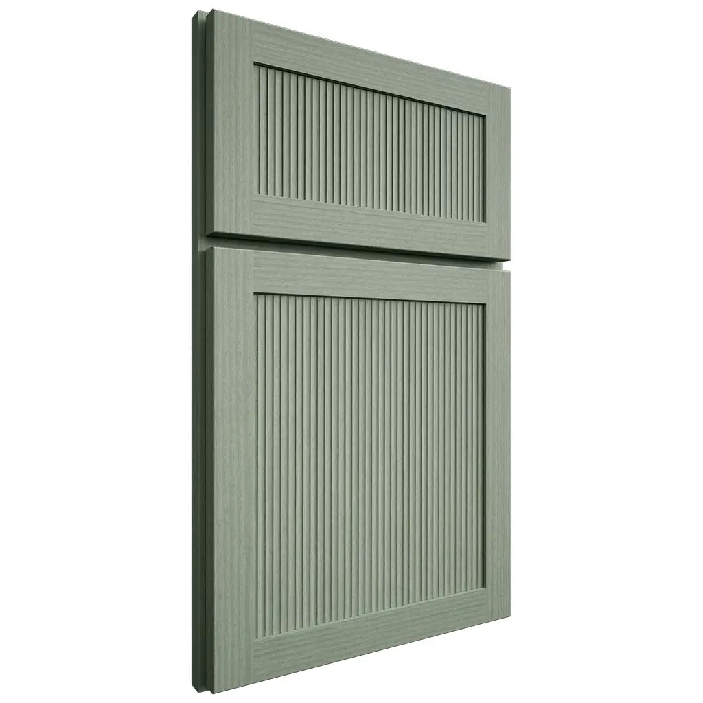 Shiloh Cabinetry Full Overlay Reeded Malibu White Oak Rift Cut Moss Door