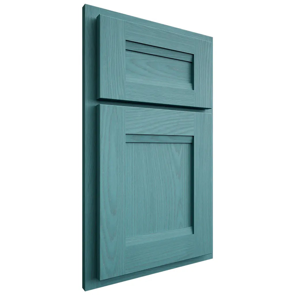 Shiloh Cabinetry Partial Overlay Bristol Red Oak Plain Cut Aqua Door