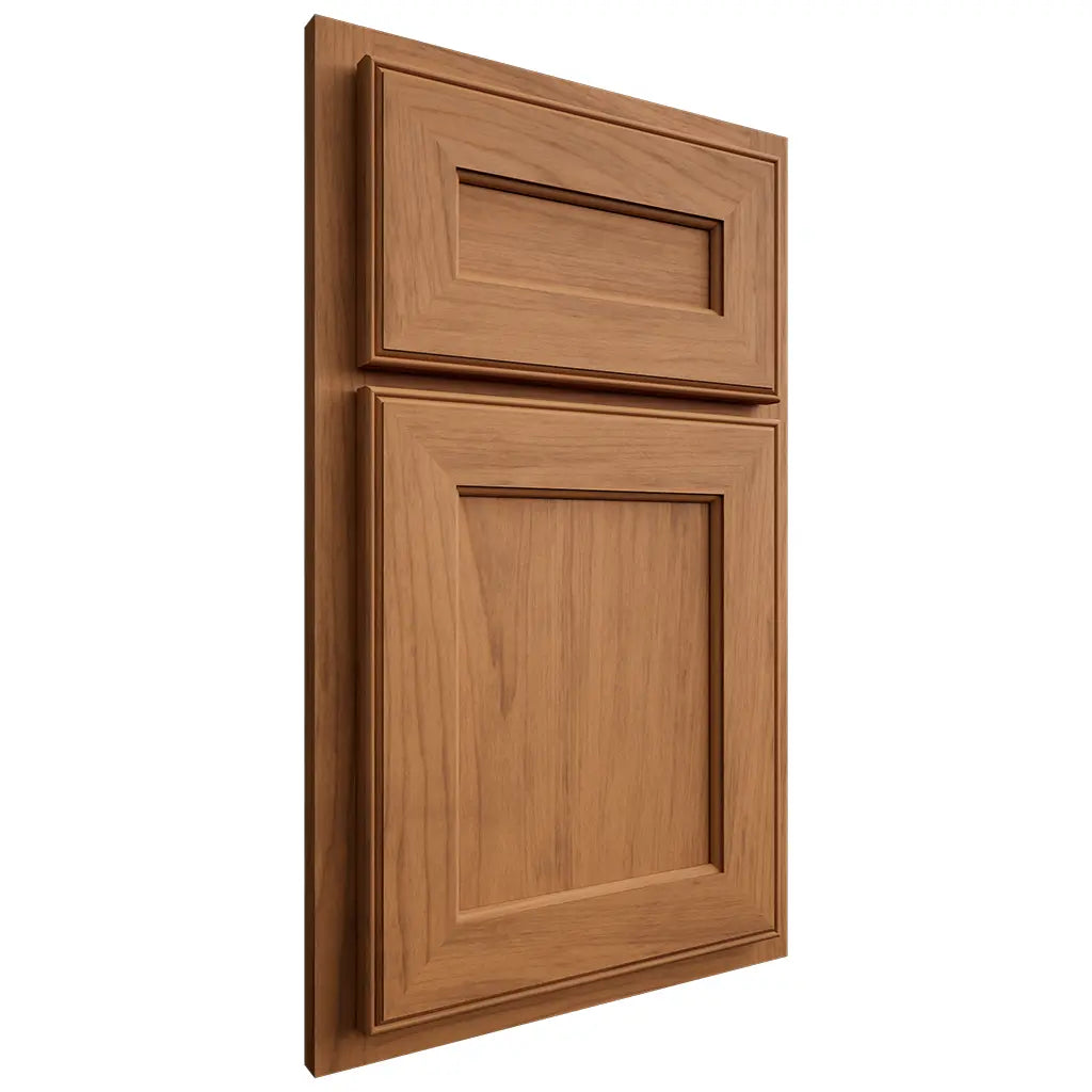 Shiloh Cabinetry Partial Overlay Essex Alder Plain Cut Caramel Door