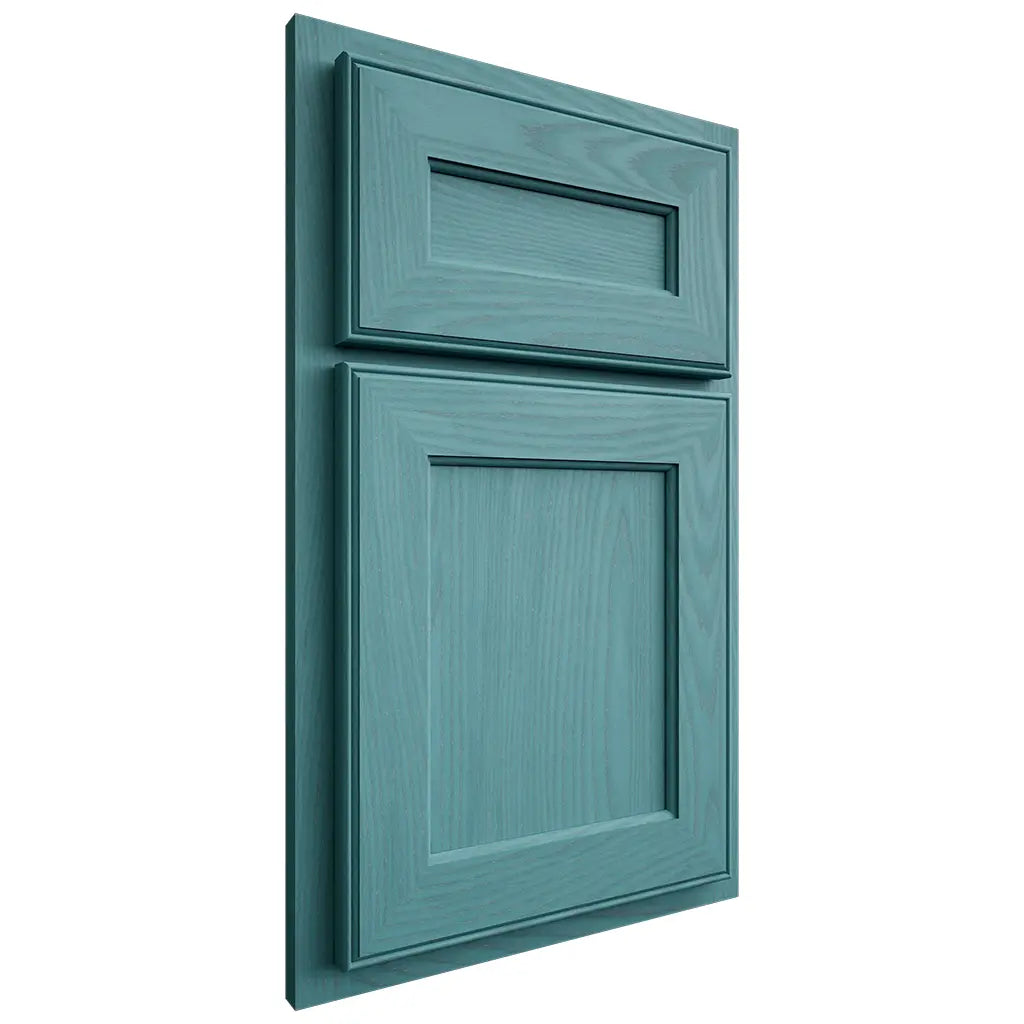 Shiloh Cabinetry Partial Overlay Essex Red Oak Plain Cut Aqua Door