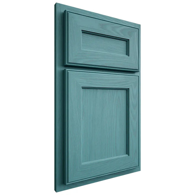Shiloh Cabinetry Partial Overlay Essex Red Oak Plain Cut Aqua Door