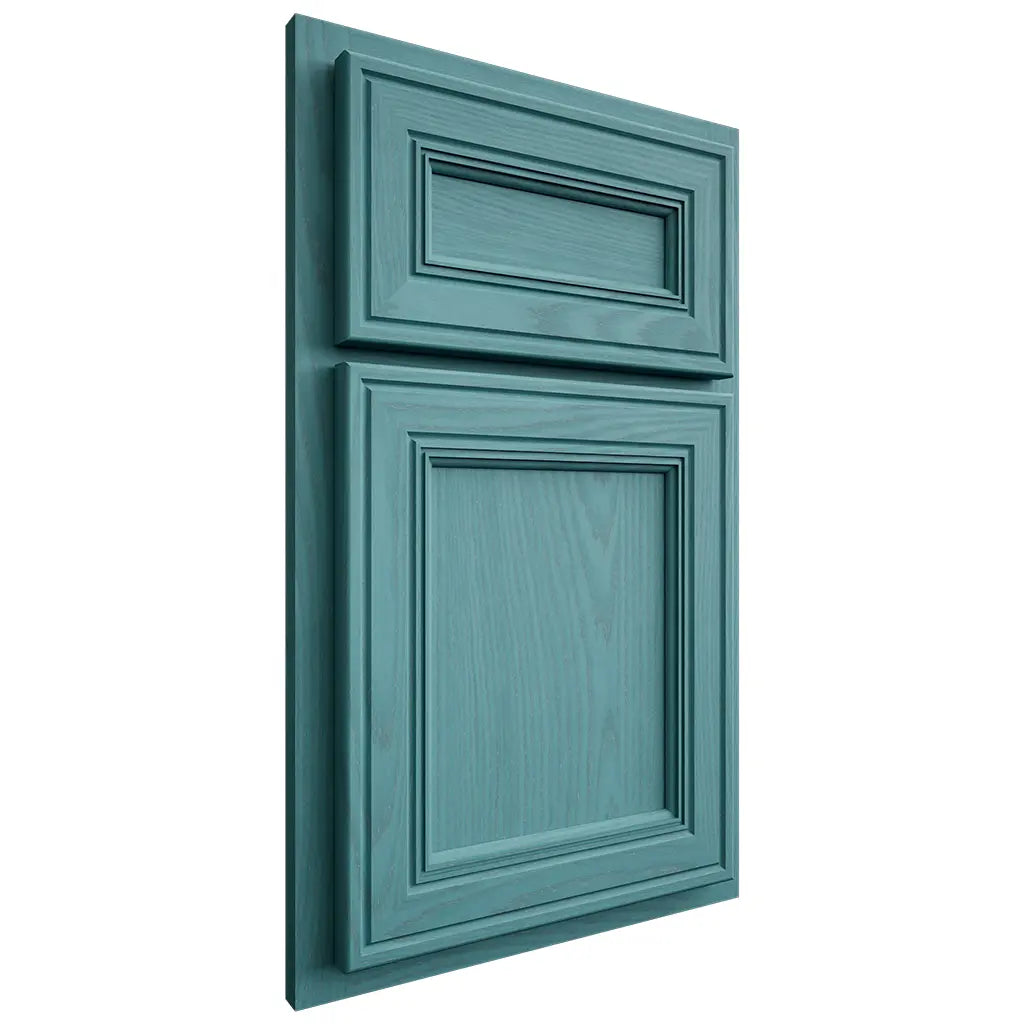 Shiloh Cabinetry Partial Overlay Glenbrook Red Oak Plain Cut Aqua Door