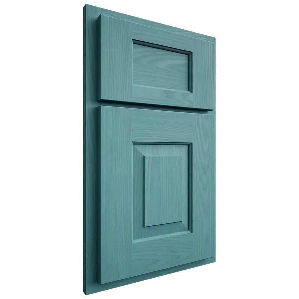 Shiloh Cabinetry Partial Overlay Hamlin Red Oak Plain Cut Aqua Door