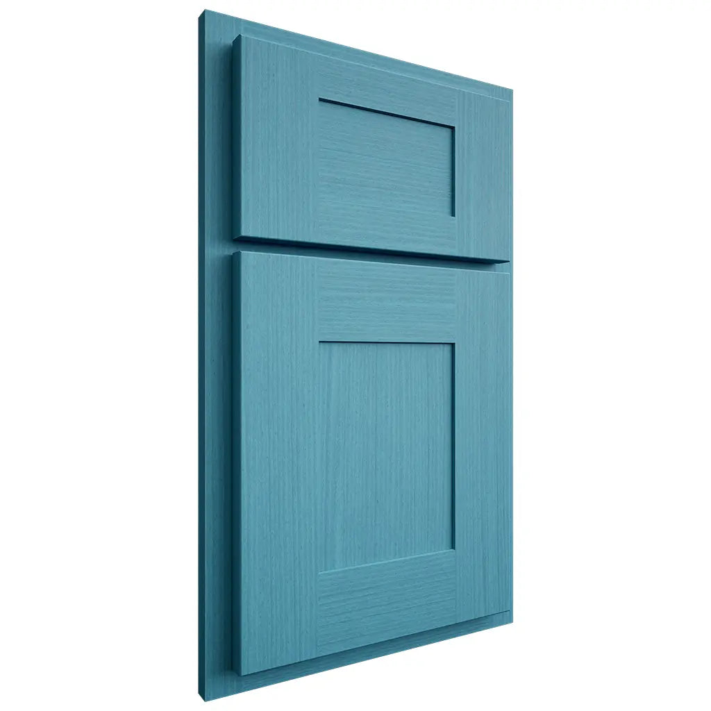 Shiloh Cabinetry Partial Overlay Hartford White Oak Rift Cut Aqua Door