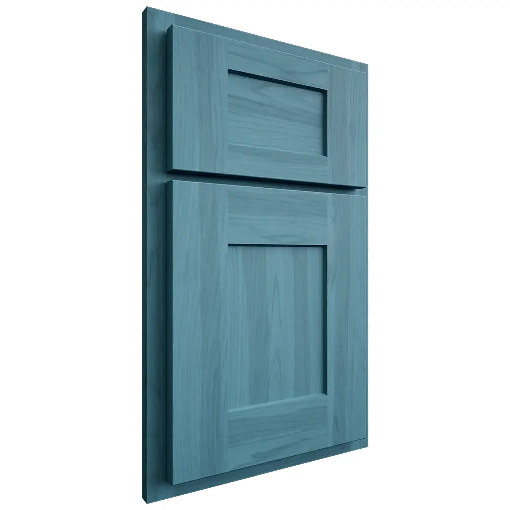 Shiloh Cabinetry Partial Overlay Lancaster Hickory Plain Cut Aqua Door