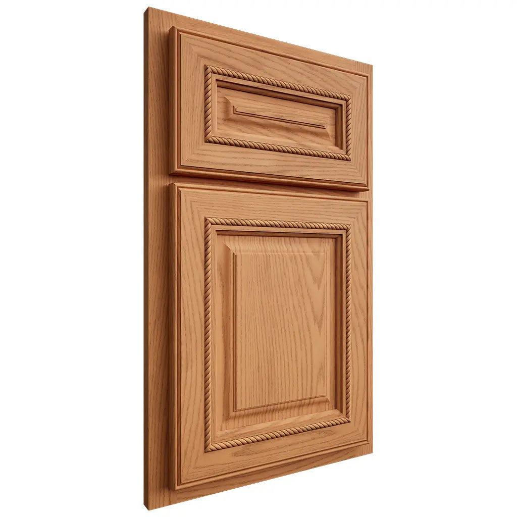 Shiloh Cabinetry Partial Overlay Manchester Red Oak Plain Cut Medium Door