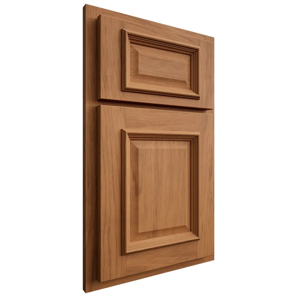 Shiloh Cabinetry Partial Overlay Montgomery Alder Plain Cut Caramel Door
