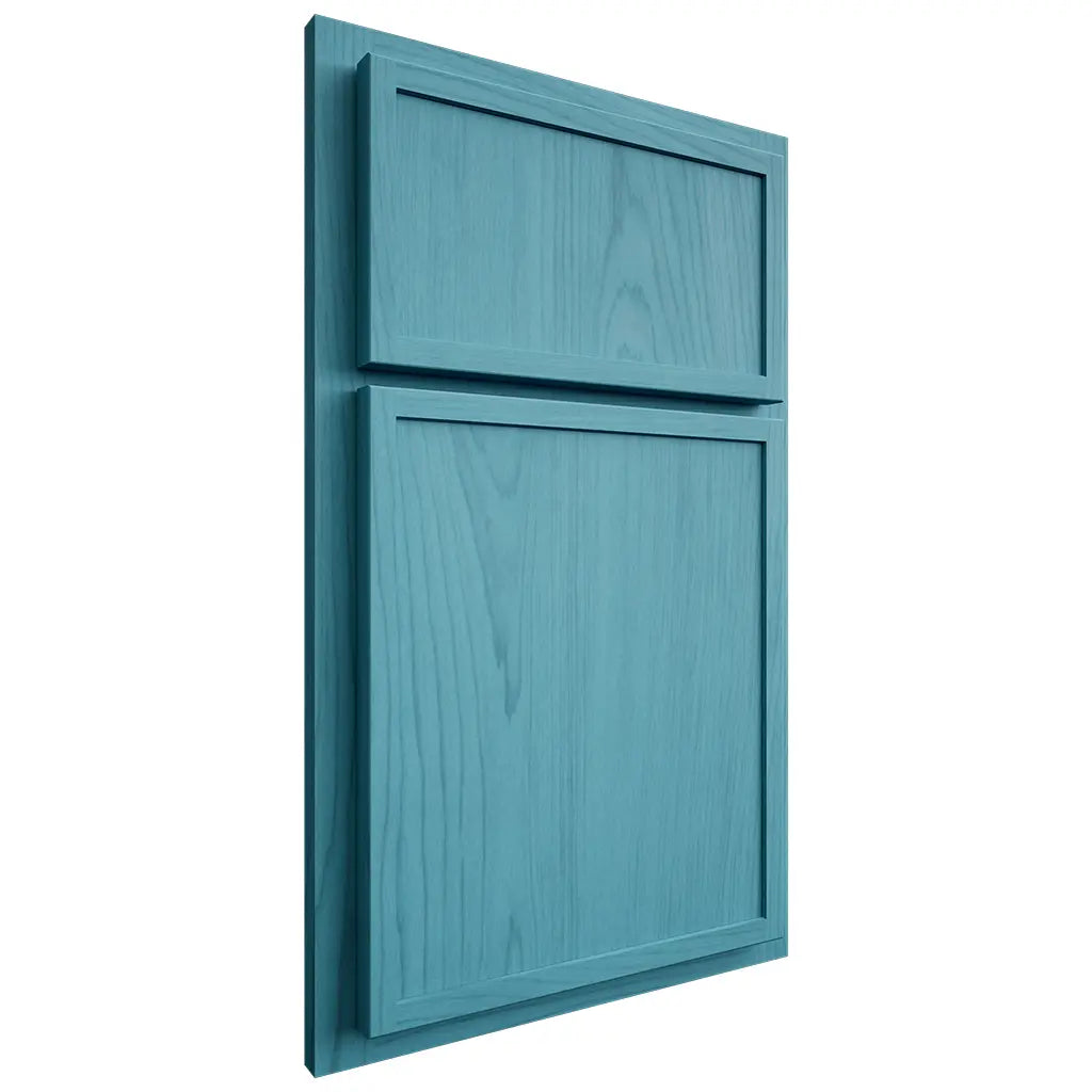 Shiloh Cabinetry Partial Overlay Napa Vertical Alder Plain Cut Aqua Door