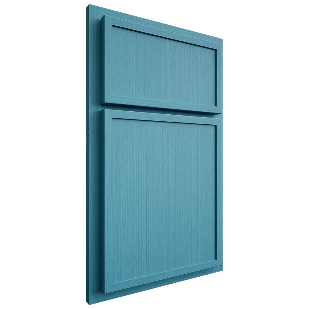 Shiloh Cabinetry Partial Overlay Napa Vertical White Oak Rift Cut Aqua Door