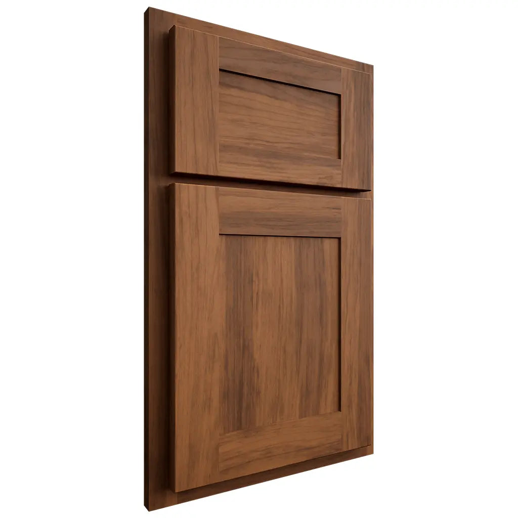 Shiloh Cabinetry Partial Overlay New Haven Hickory Plain Cut Burnt Sugar Door