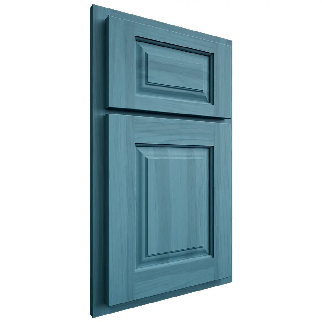 Shiloh Cabinetry Partial Overlay Oxford Hickory Plain Cut Aqua Door