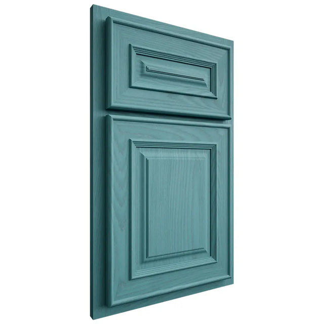 Shiloh Cabinetry Partial Overlay Portland Red Oak Plain Cut Aqua Door