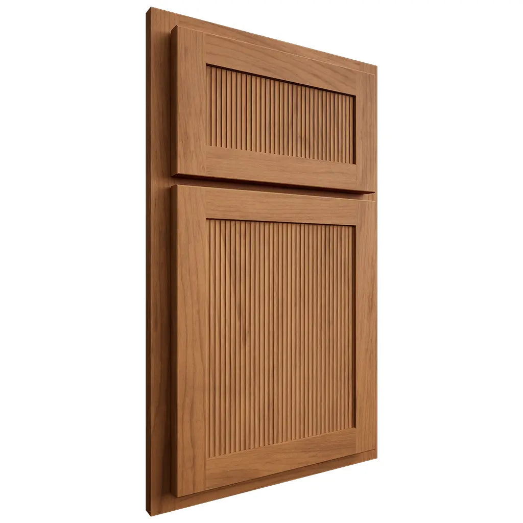 Shiloh Cabinetry Partial Overlay Reeded Malibu Alder Plain Cut Caramel Door