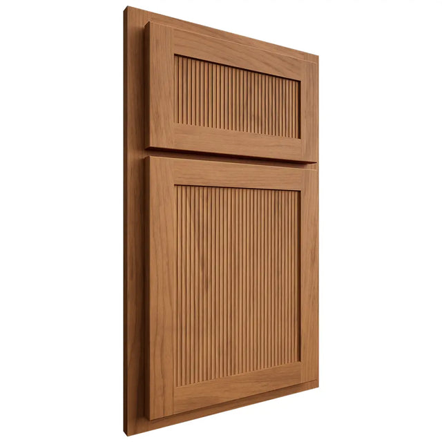 Shiloh Cabinetry Partial Overlay Reeded Malibu Alder Plain Cut Caramel Door