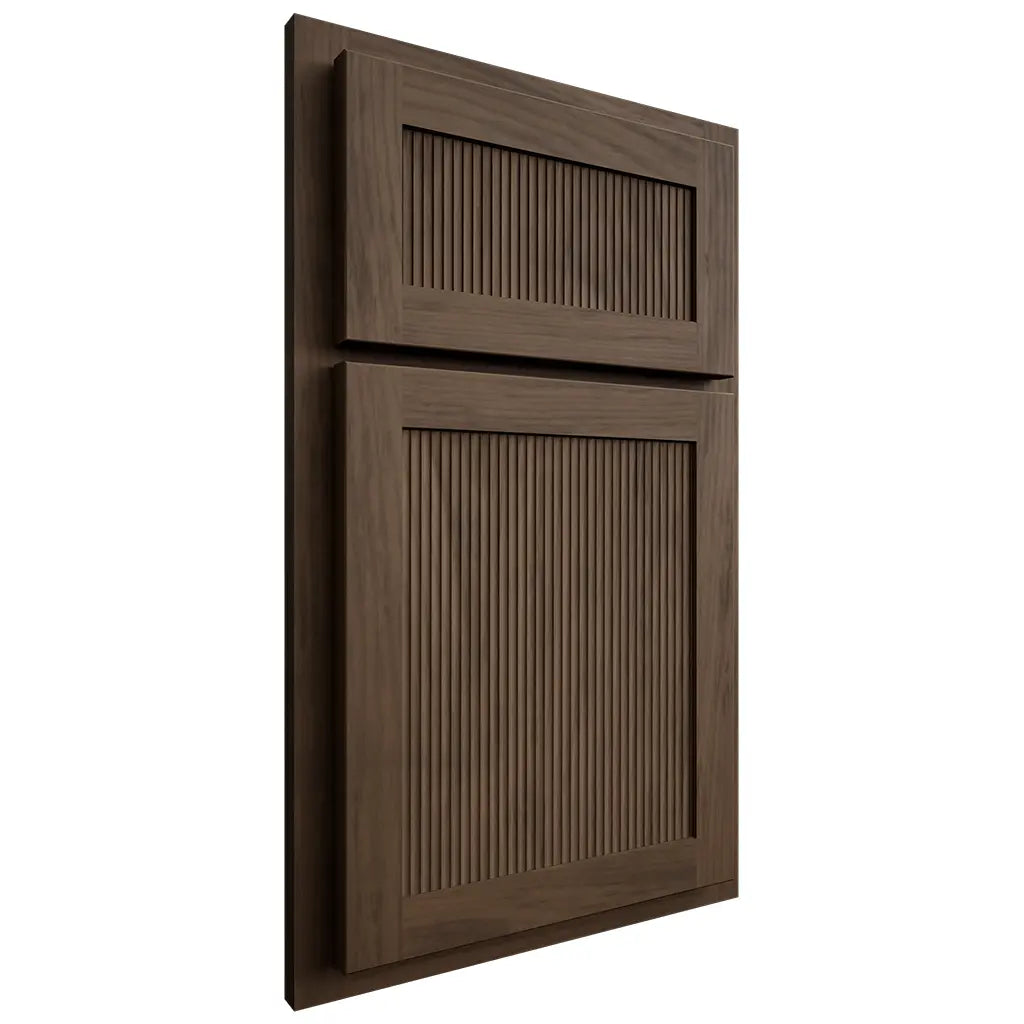 Shiloh Cabinetry Partial Overlay Reeded Malibu Alder Plain Cut Caviar Door