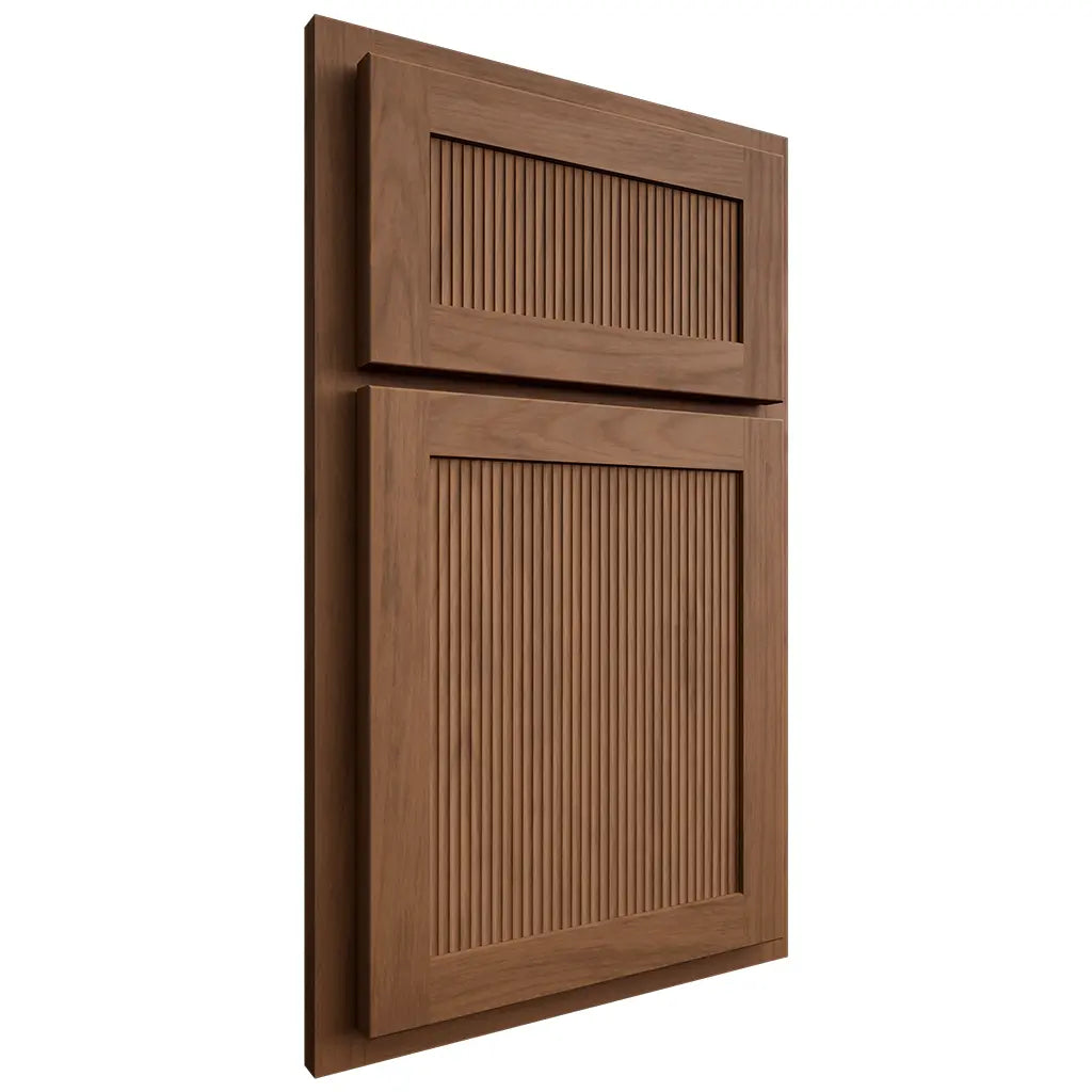 Shiloh Cabinetry Partial Overlay Reeded Malibu Alder Plain Cut Walnut Door