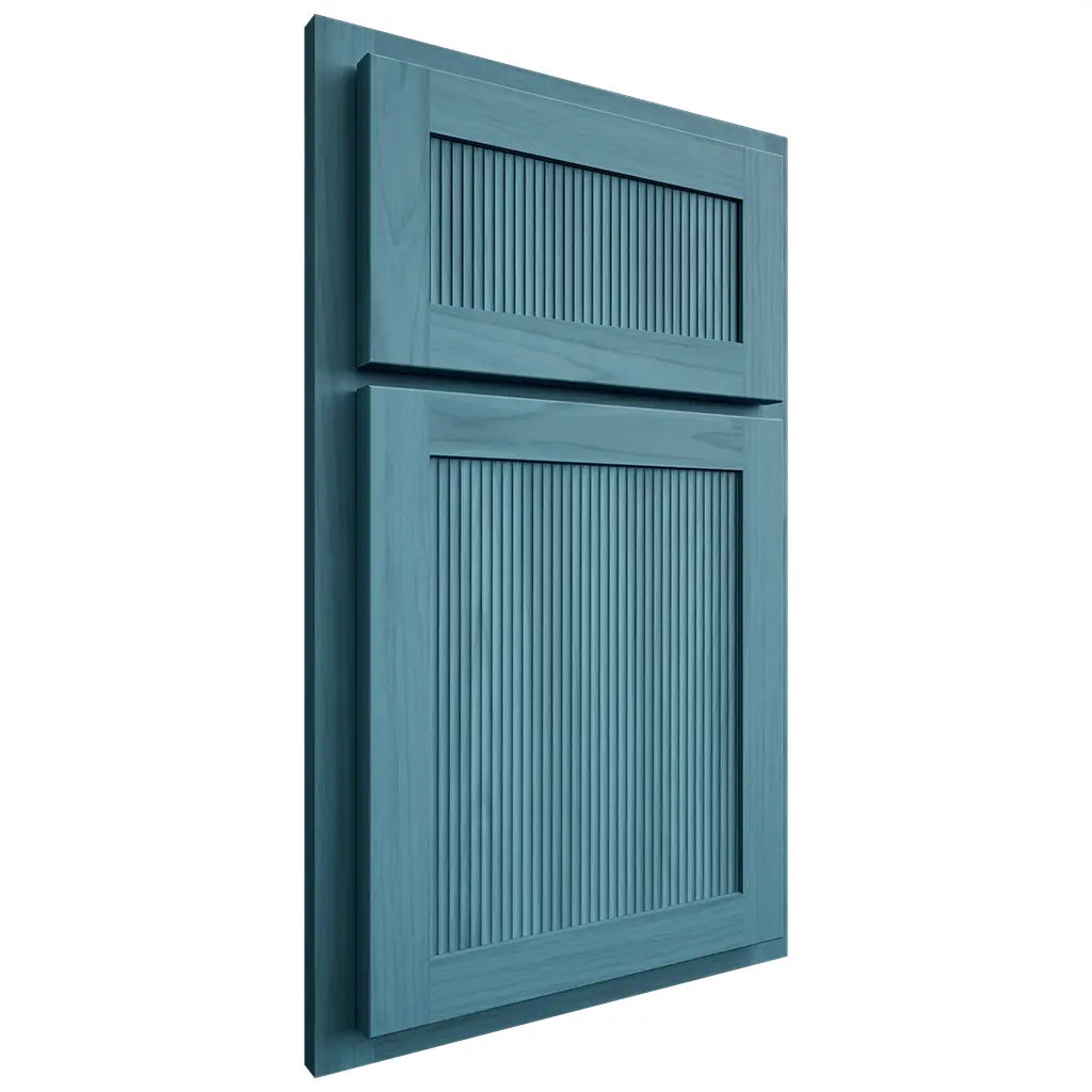 Shiloh Cabinetry Partial Overlay Reeded Malibu Hickory Plain Cut Aqua Door