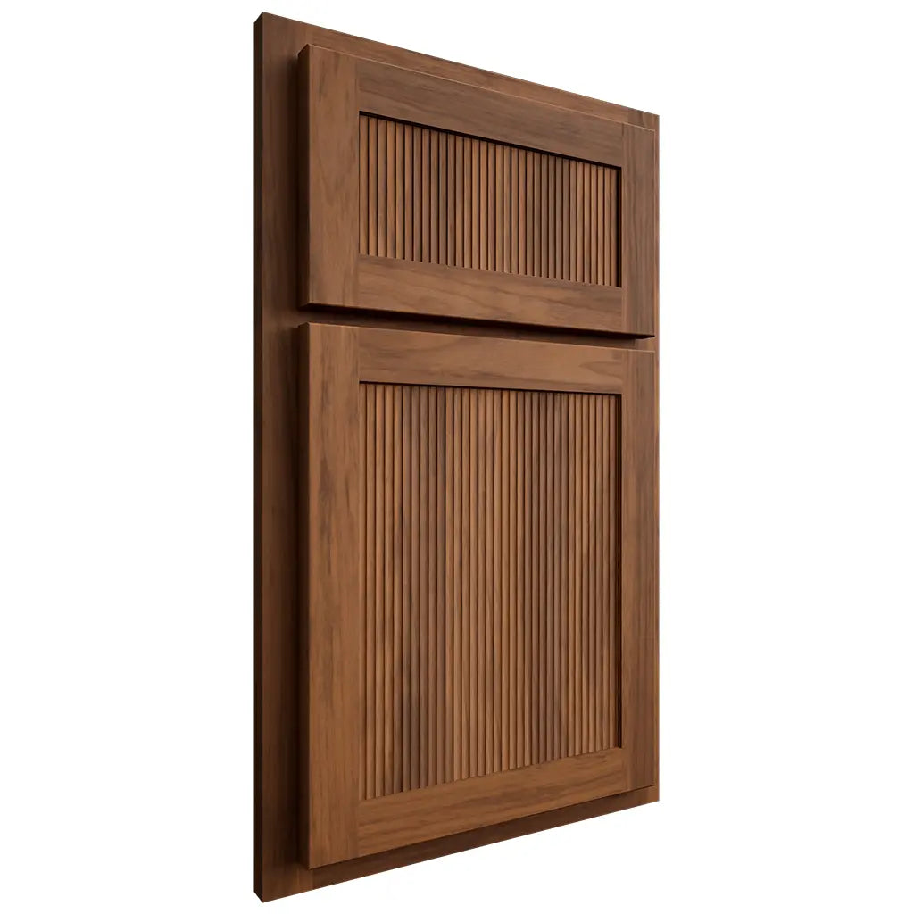 Shiloh Cabinetry Partial Overlay Reeded Malibu Hickory Plain Cut Burnt Sugar Door