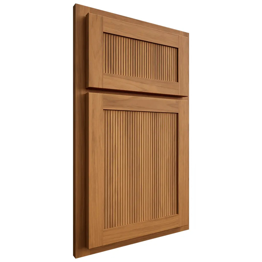Shiloh Cabinetry Partial Overlay Reeded Malibu Hickory Plain Cut Medium Door
