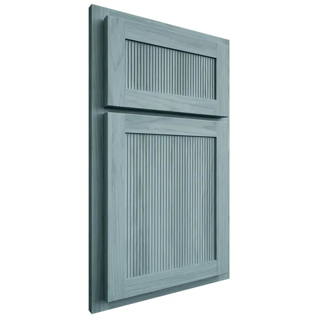 Shiloh Cabinetry Partial Overlay Reeded Malibu Hickory Plain Cut Sky Door