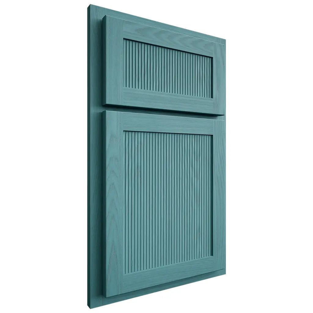 Shiloh Cabinetry Partial Overlay Reeded Malibu Red Oak Plain Cut Aqua Door