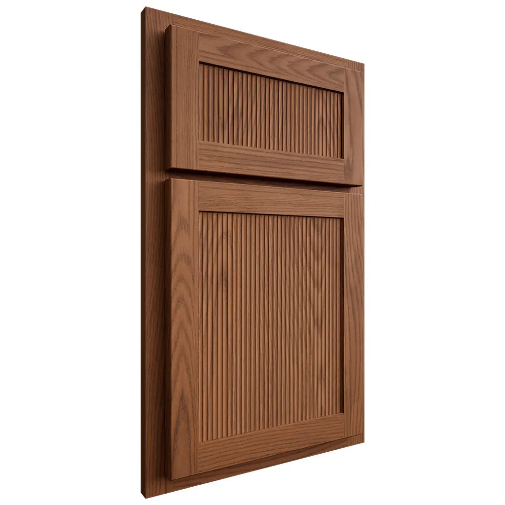 Shiloh Cabinetry Partial Overlay Reeded Malibu Red Oak Plain Cut Braun Door