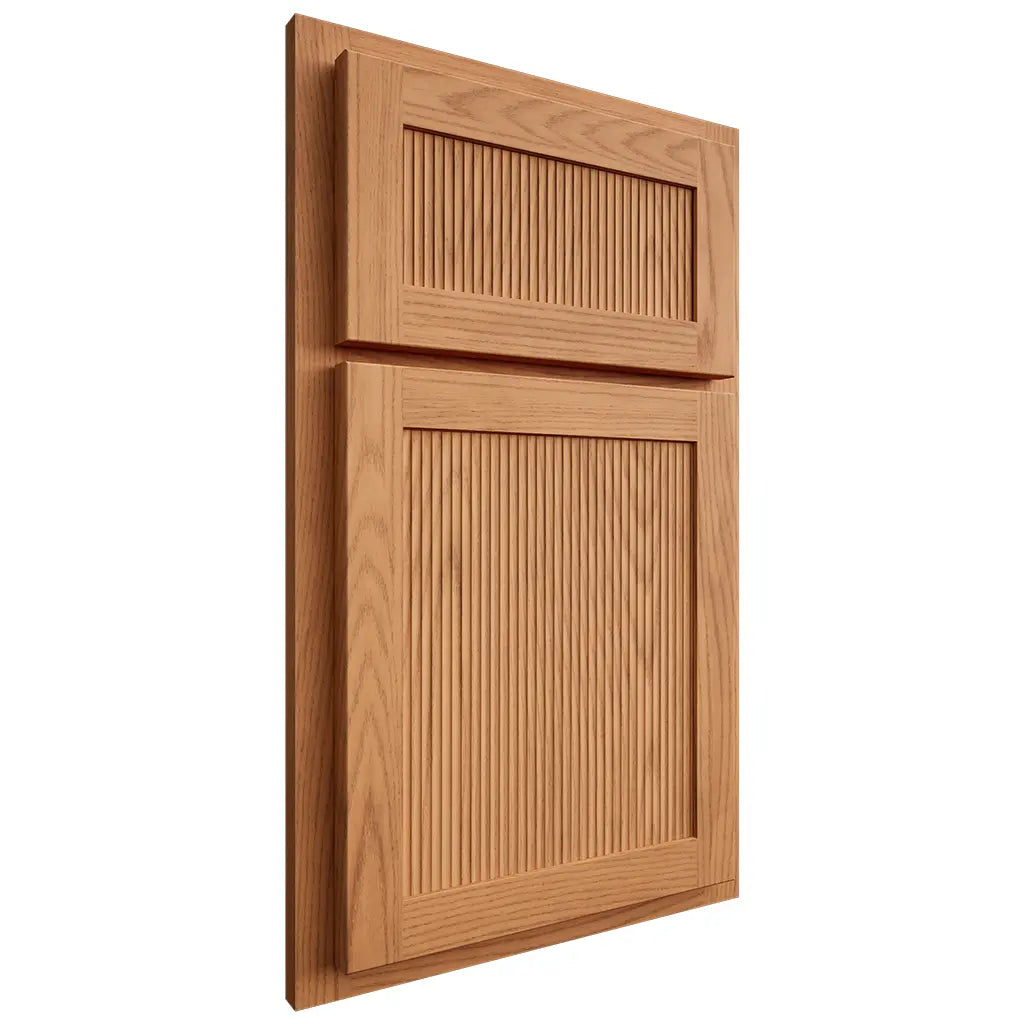 Shiloh Cabinetry Partial Overlay Reeded Malibu Red Oak Plain Cut Medium Door