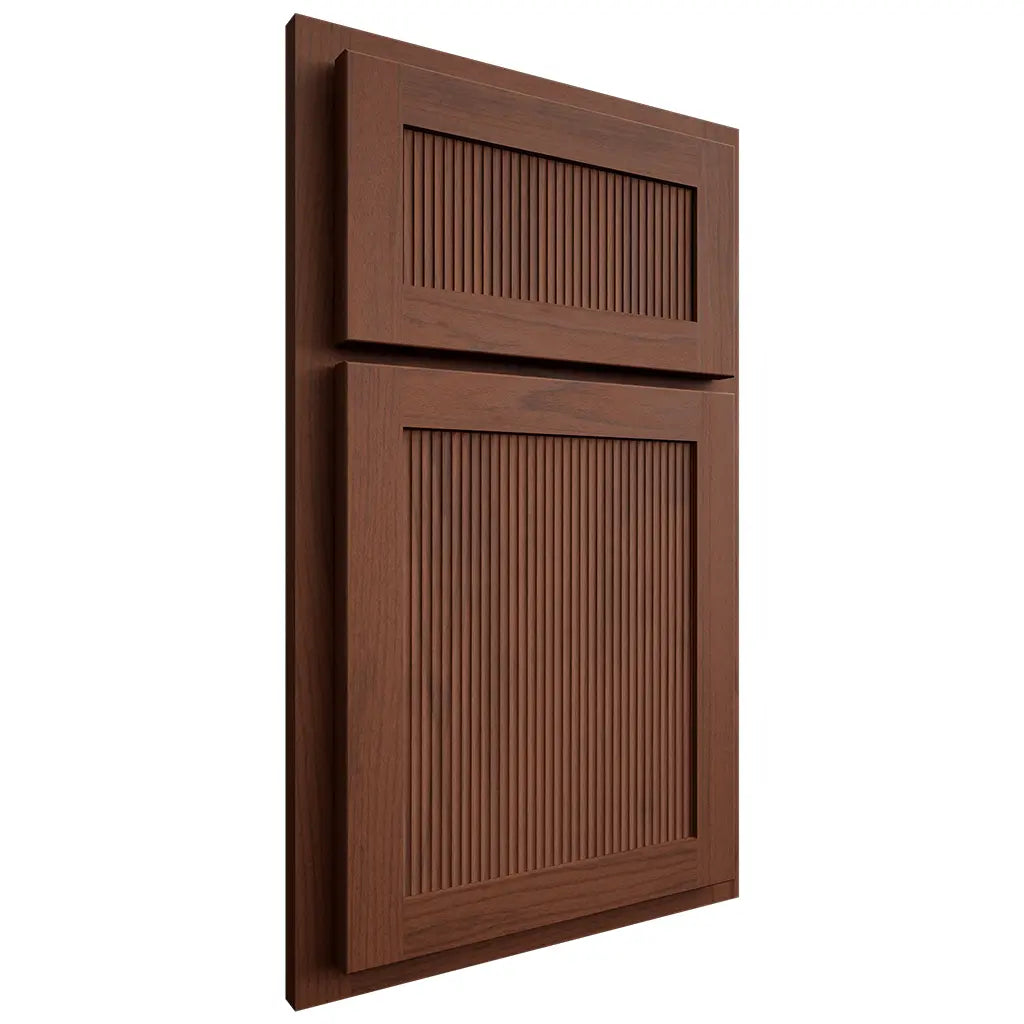 Shiloh Cabinetry Partial Overlay Reeded Malibu Walnut Plain Cut Rye Door
