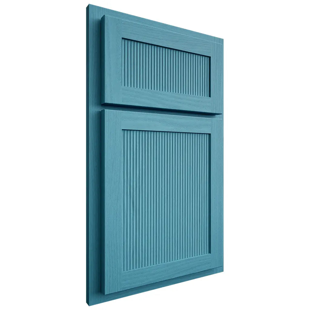 Shiloh Cabinetry Partial Overlay Reeded Malibu White Oak Plain Cut Aqua Door