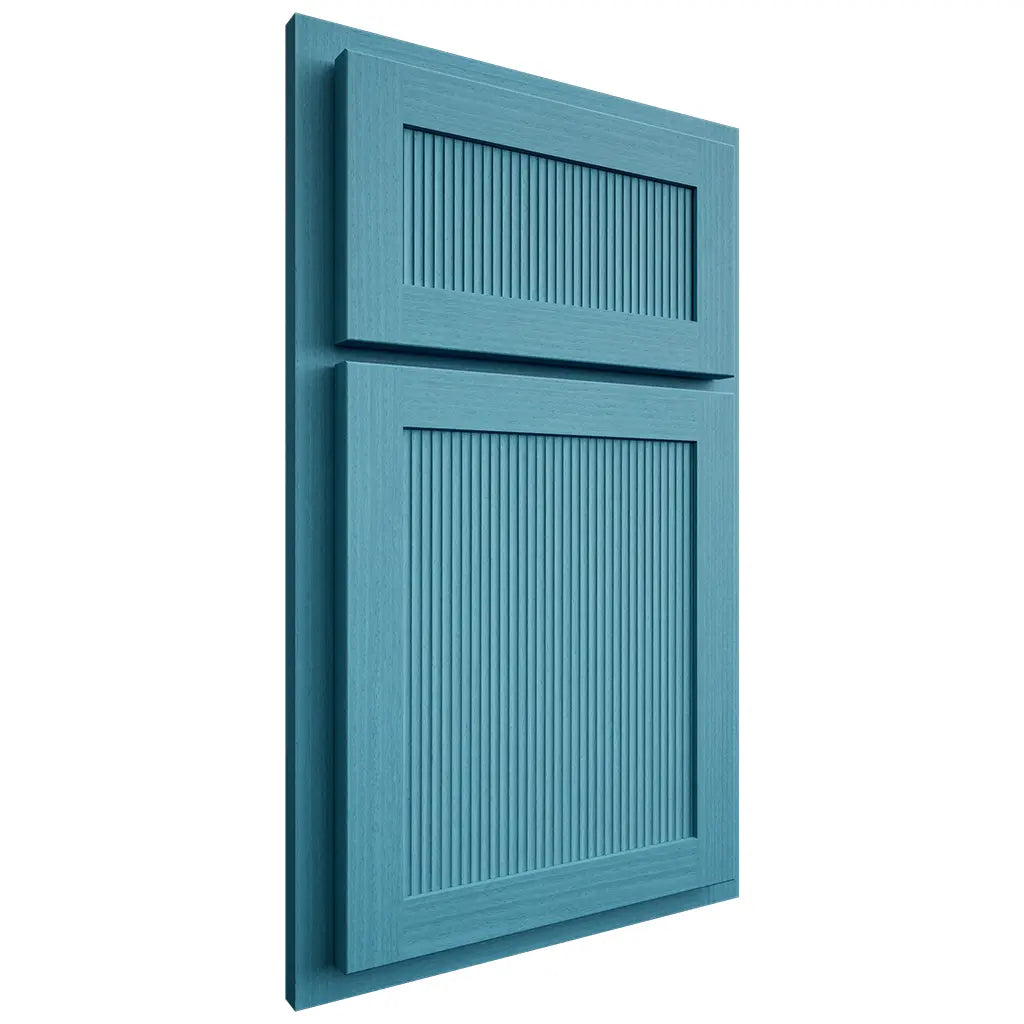 Shiloh Cabinetry Partial Overlay Reeded Malibu White Oak Rift Cut Aqua Door