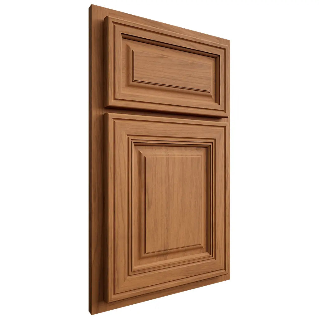 Shiloh Cabinetry Partial Overlay Savannah Alder Plain Cut Caramel Door