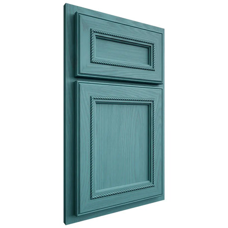 Shiloh Cabinetry Partial Overlay Shelby Red Oak Plain Cut Aqua Door