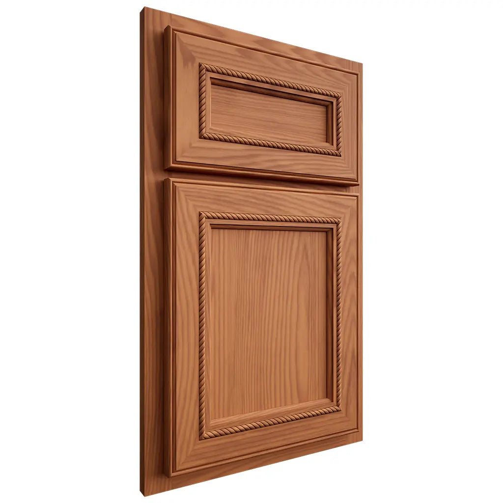 Shiloh Cabinetry Partial Overlay Shelby Red Oak Plain Cut Harvest Door
