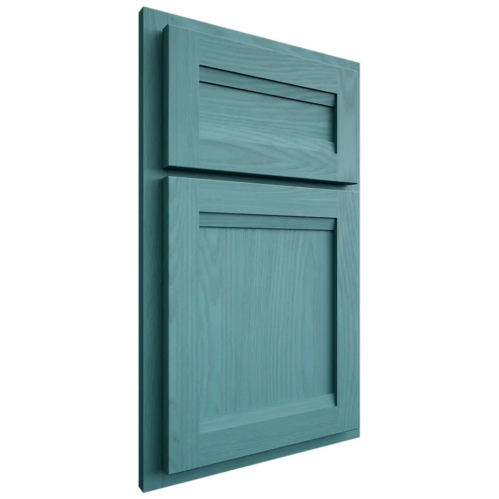 Shiloh Cabinetry Partial Overlay Somerset Red Oak Plain Cut Aqua Door