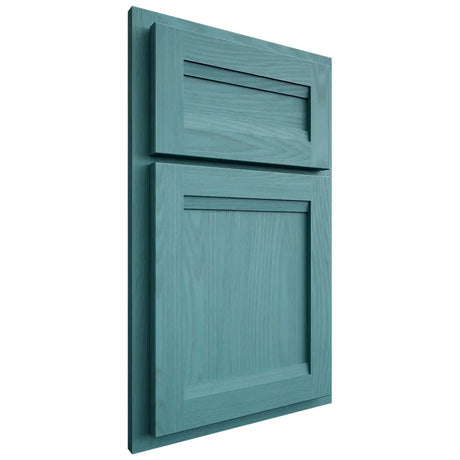 Shiloh Cabinetry Partial Overlay Somerset Red Oak Plain Cut Aqua Door